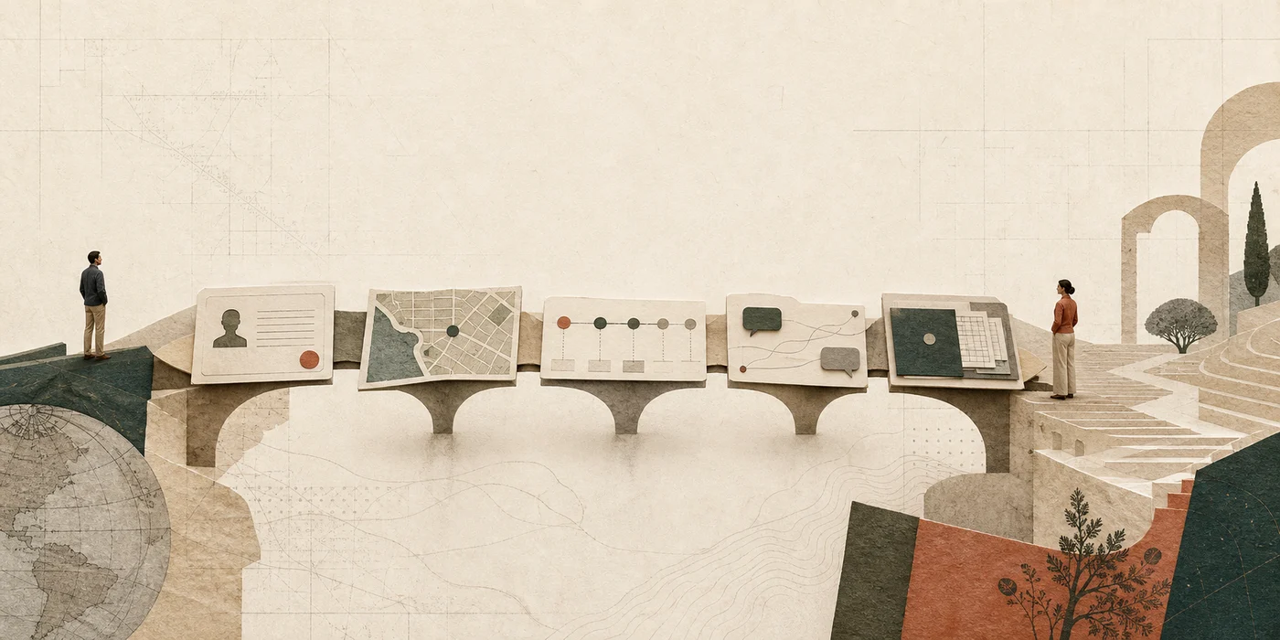 An international buyer and local agent stand at opposite ends of a paper bridge carrying a profile, map, timeline, conversation and documents.