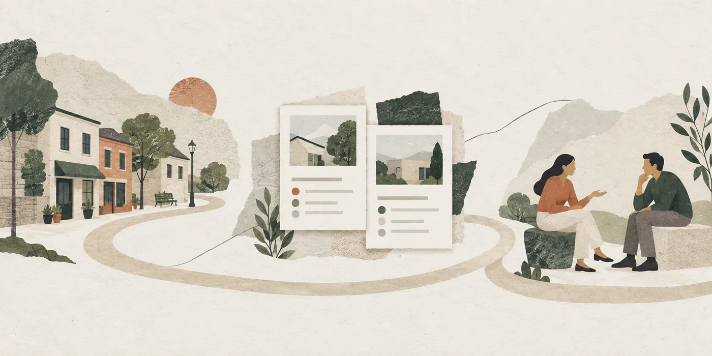 An editorial paper collage connects a neighborhood streetscape, comparison pages, and a conversation between two figures along a winding path.
