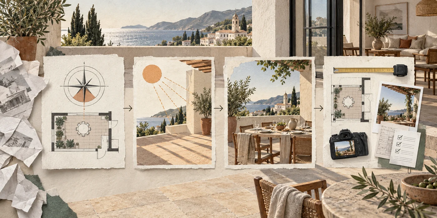 Four connected editorial panels show a terrace feature, afternoon sunlight, outdoor dining, and the evidence supporting a property description.
