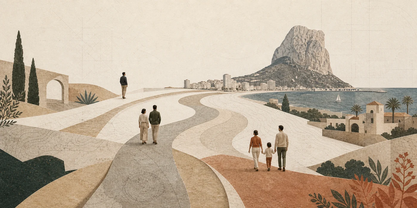 A solo adult, a couple, and a family follow three routes toward Calpe and the Peñón d'Ifach.