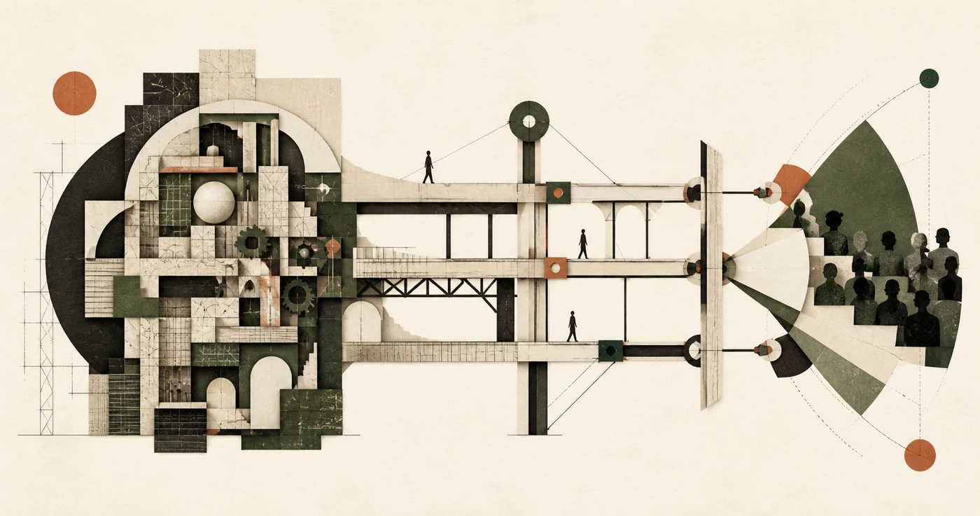 Architectural pathways connect a complex product system to an audience, representing the structure behind a coherent company narrative.