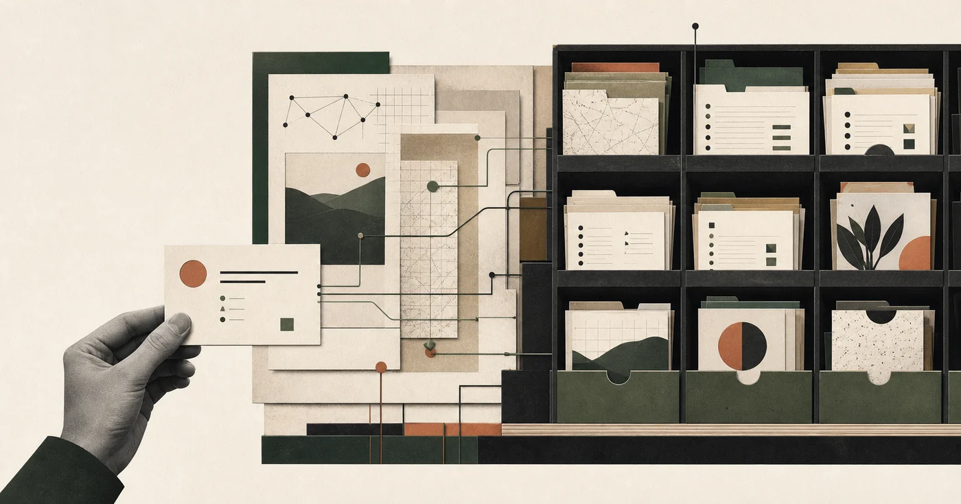 A small instruction card connects to an organized archive of source material, showing the context behind an effective AI prompt.