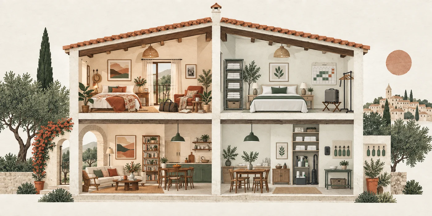 A Spanish house split into two halves: one with personal second-home objects and the other with rental-management elements.