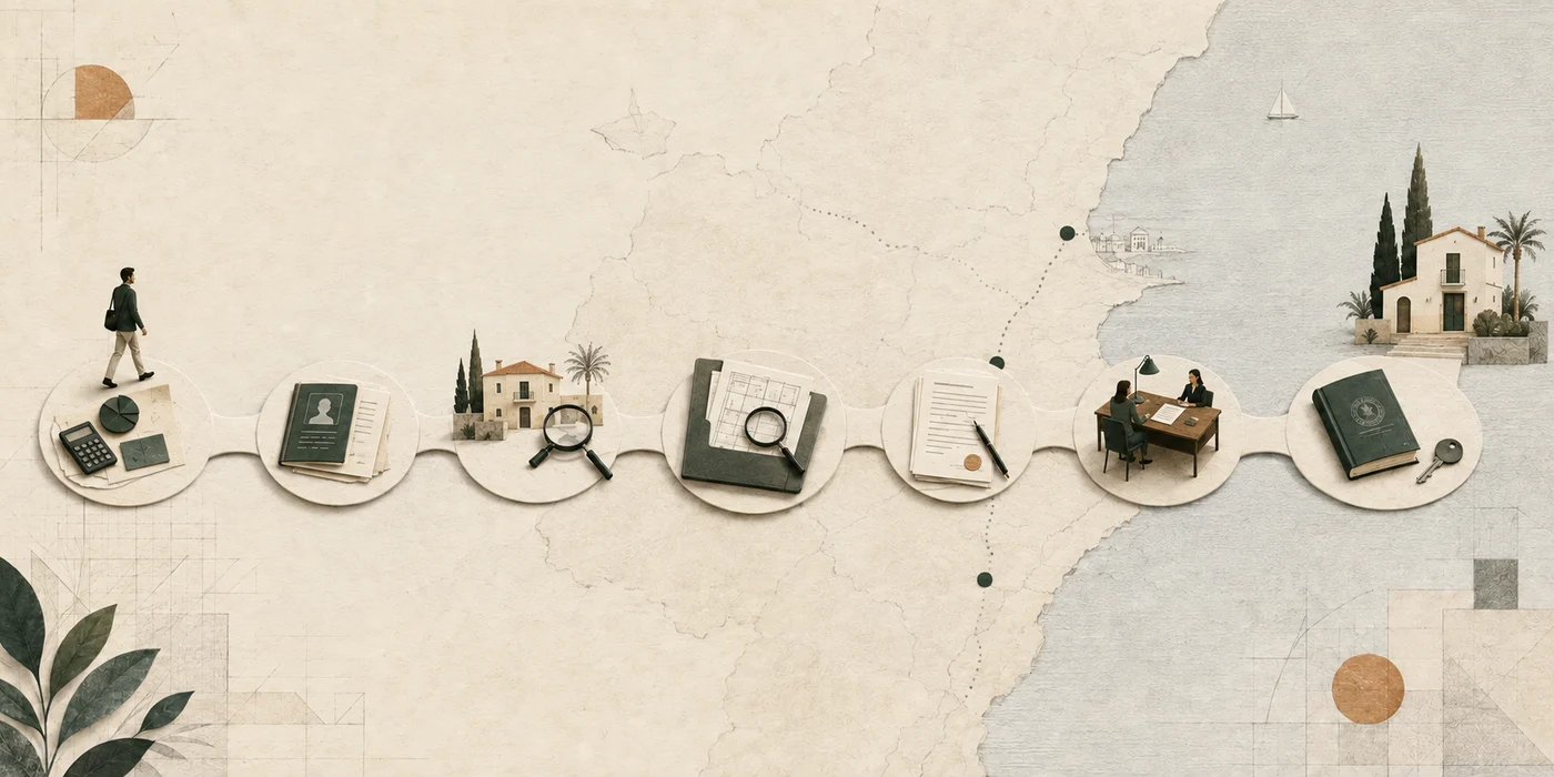 An international buyer follows a seven-stage paper path across the Valencian Community from preparation and property checks to a notary desk and registered home.