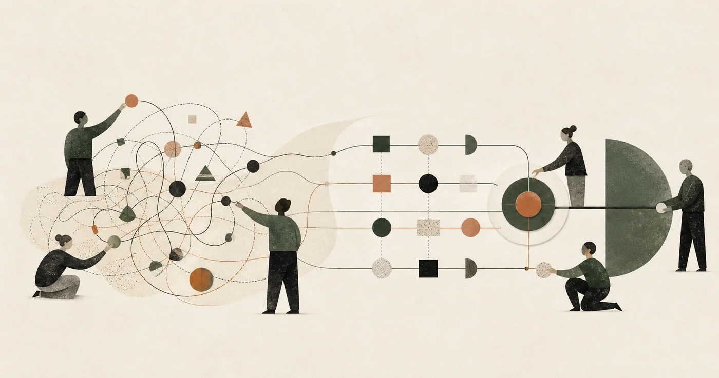 A collaborative team turns tangled paths into a clear system anchored by one ownership point, illustrating startup accountability without blame.