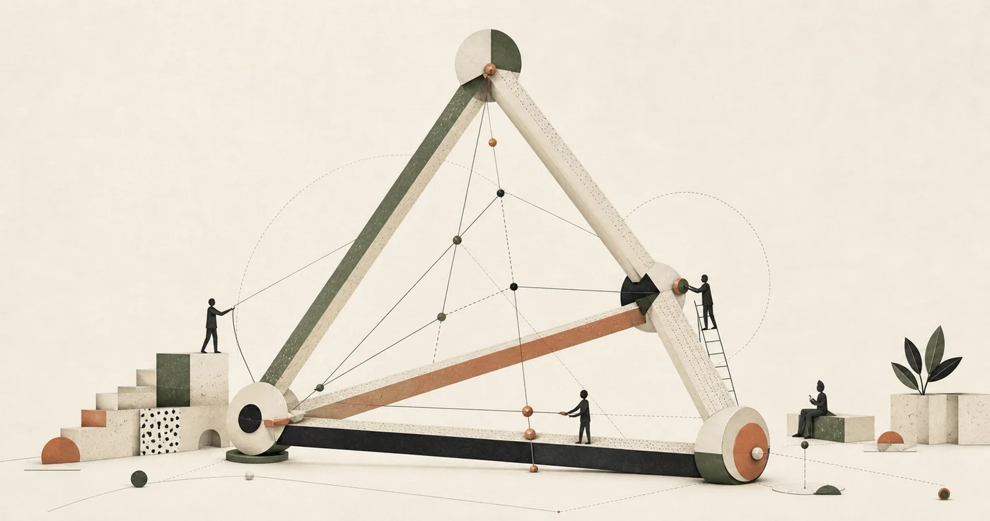 A balanced tetrahedral paper structure connects four operational constraints while a small team makes careful adjustments.