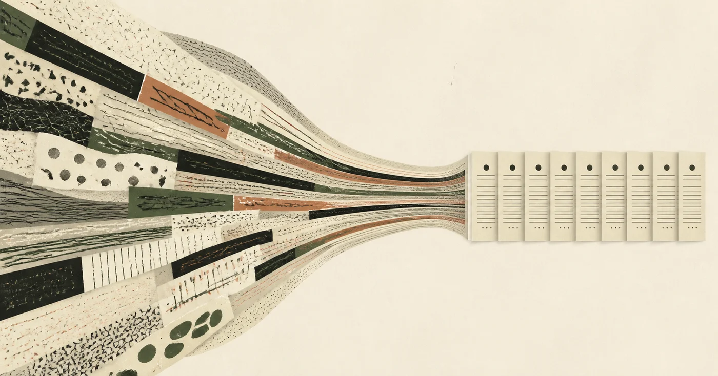 Abstract streams of varied pages narrow into identical documents, illustrating how AI writing can converge on the same patterns.